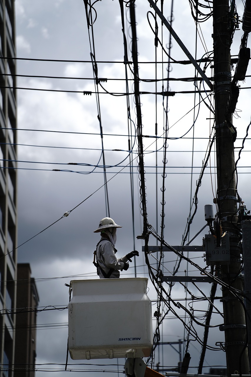 line man, electric cables, electricity, electric post, cables, lines, building, japan, japanese